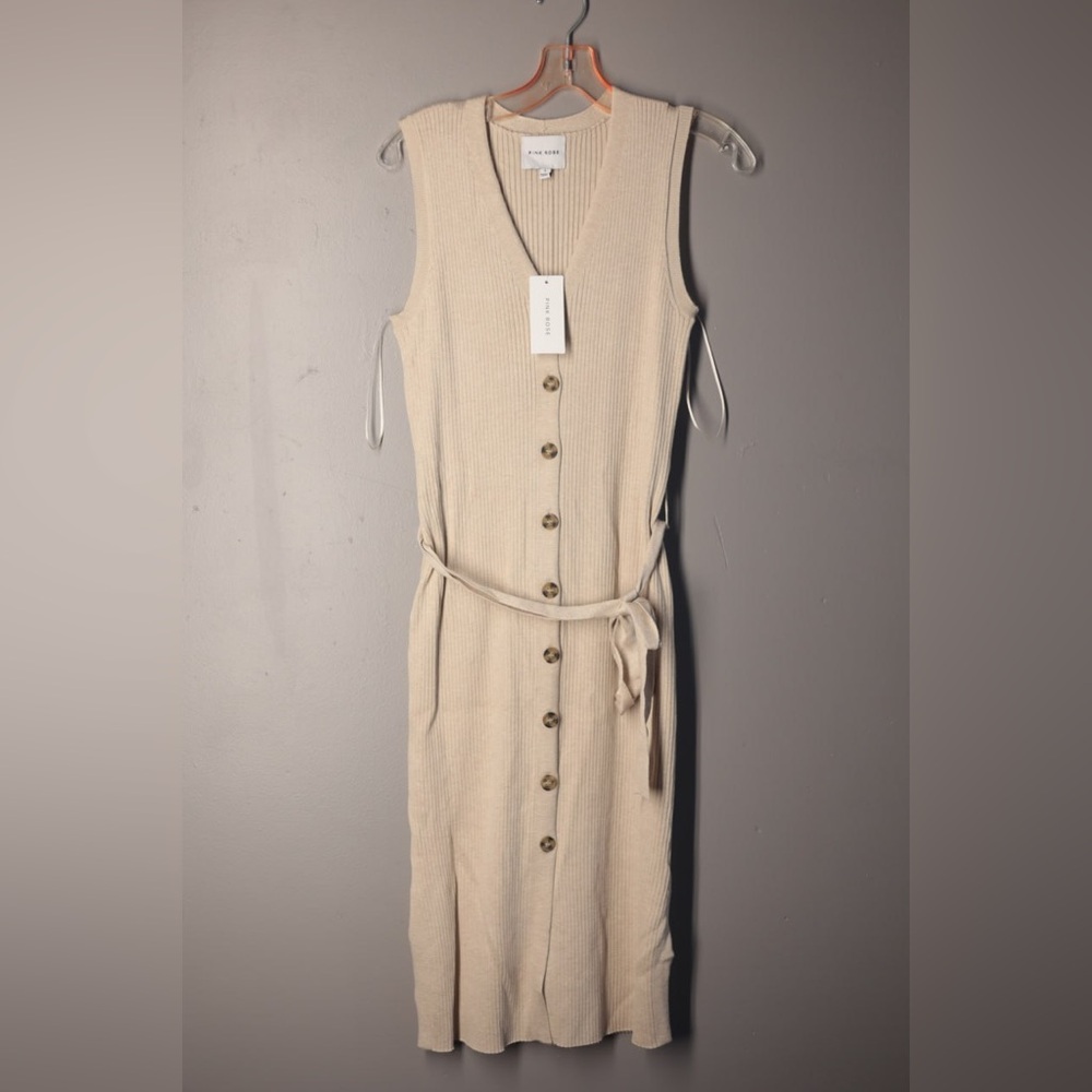 Pink Rose Button Down Sweater Dress Sz L Beige Tie Belt Boho Soft Girl‎ Gen Z